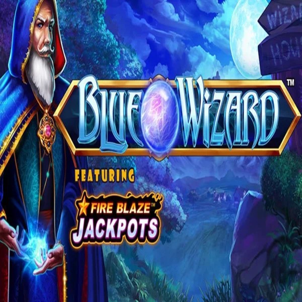 Blue Wizard Fire Blaze Jackpots online game logo by Rarestone Gaming on labratsgonewild.com